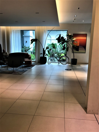 The spacious lobby has a seating area with assorted chairs, a stool and a sofa. There are 2 plants and a bicycle.