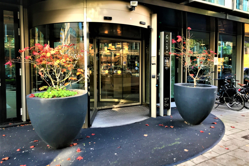 Access to the hotel is from the sidewalk. There is a revolving door.