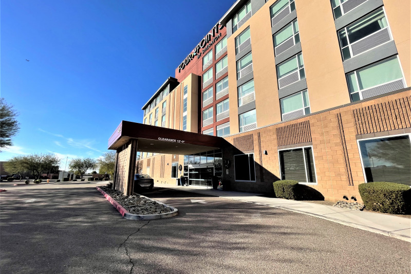 Access to the hotel is from the drive-through area. There are automatic, sliding doors.