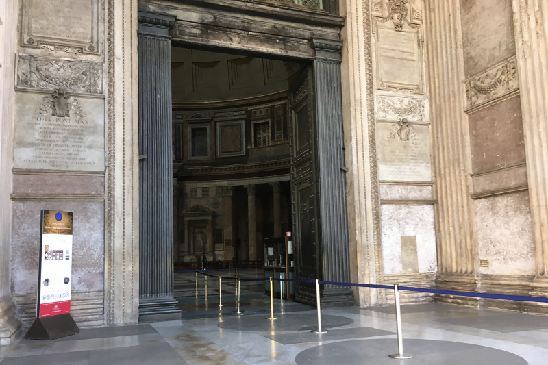 Entrance to Rome's Pantheon has smooth flooring and metal rails