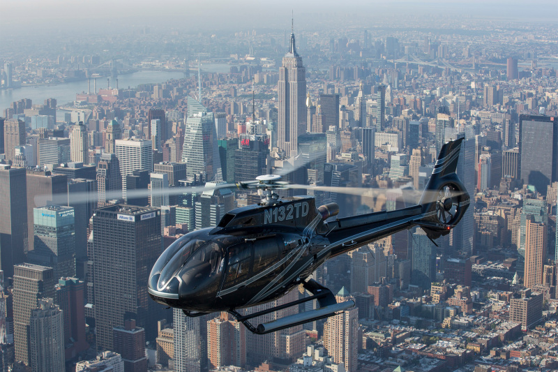 View of Manhattan skyline from a helicopter