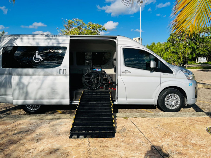 The accessible van is equipped with a ramp entrance on the side