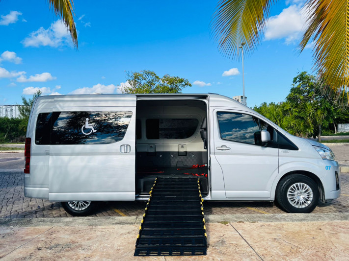 The accessible van has a ramp entrance.