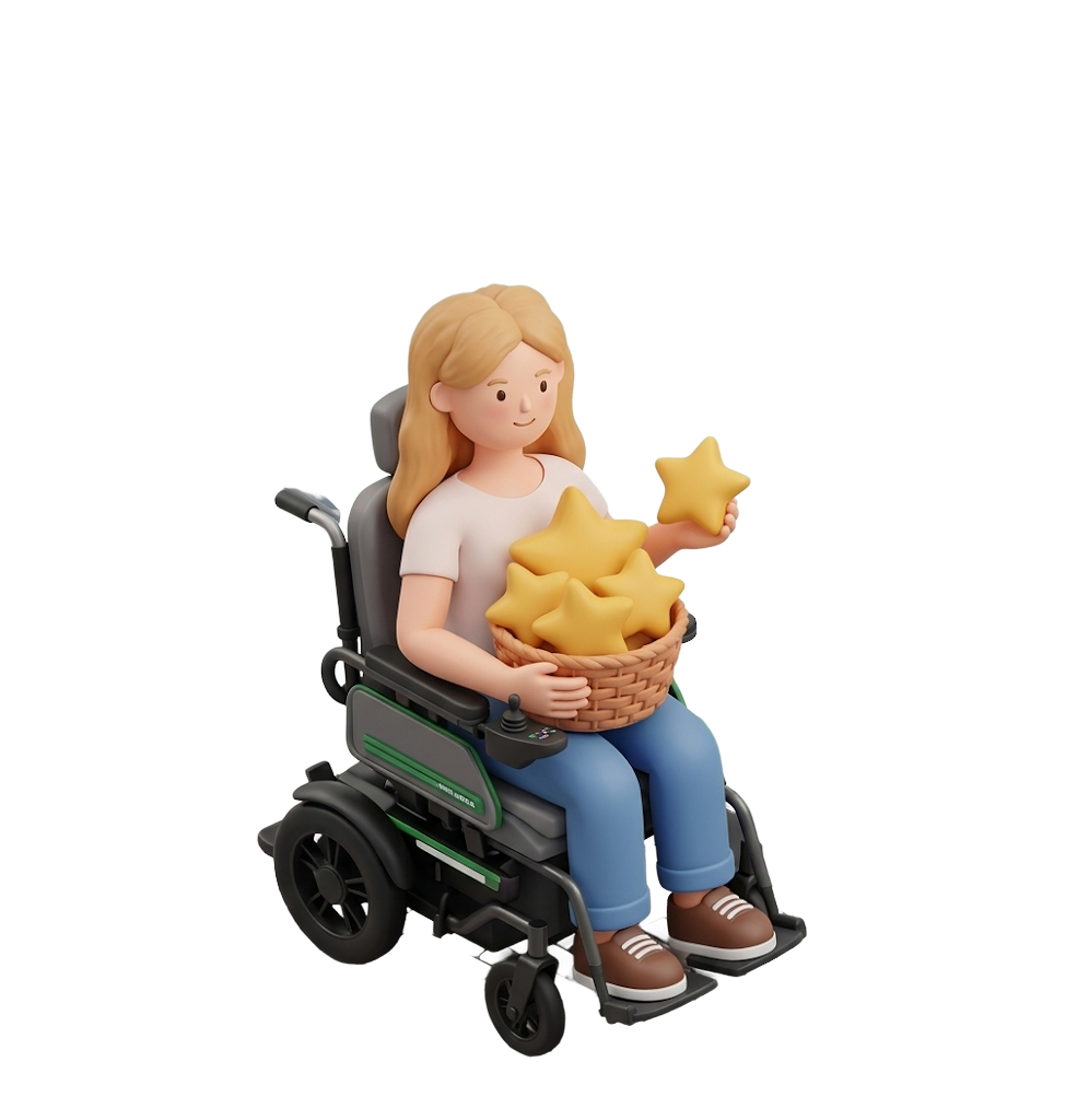 Illustration of a traveler in a wheelchair holding a basket of stars
